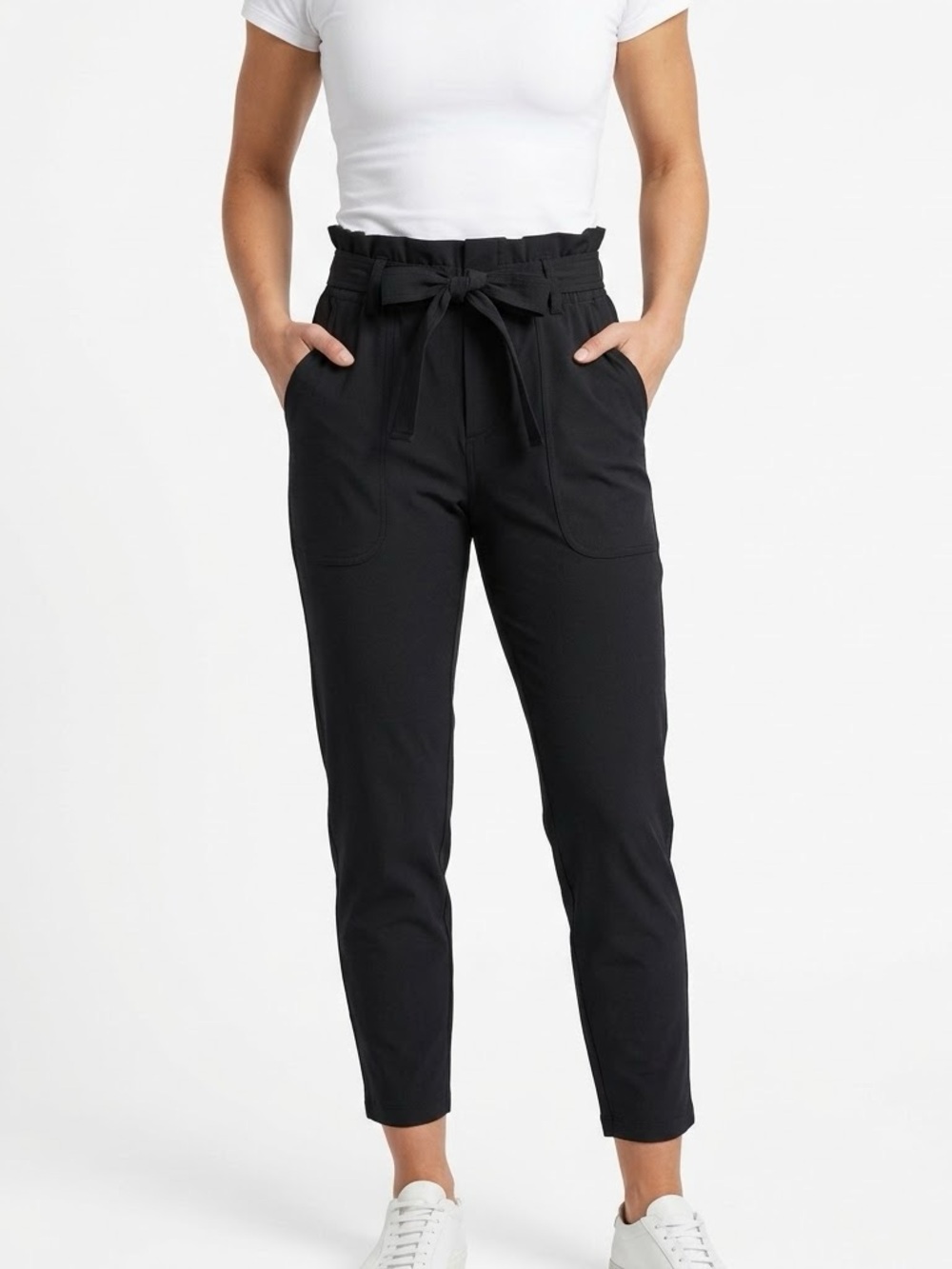 Athleta High Rise Tie Waist Paperbag Ankle Pants Black Size 6 Lightweight